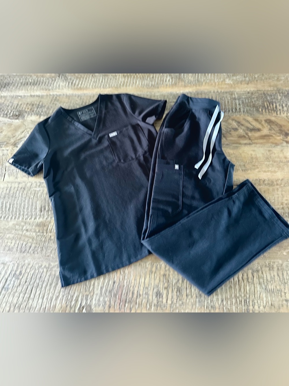 Figs Black Medical Scrub Set with V-Neck Top and Drawstring Pants
